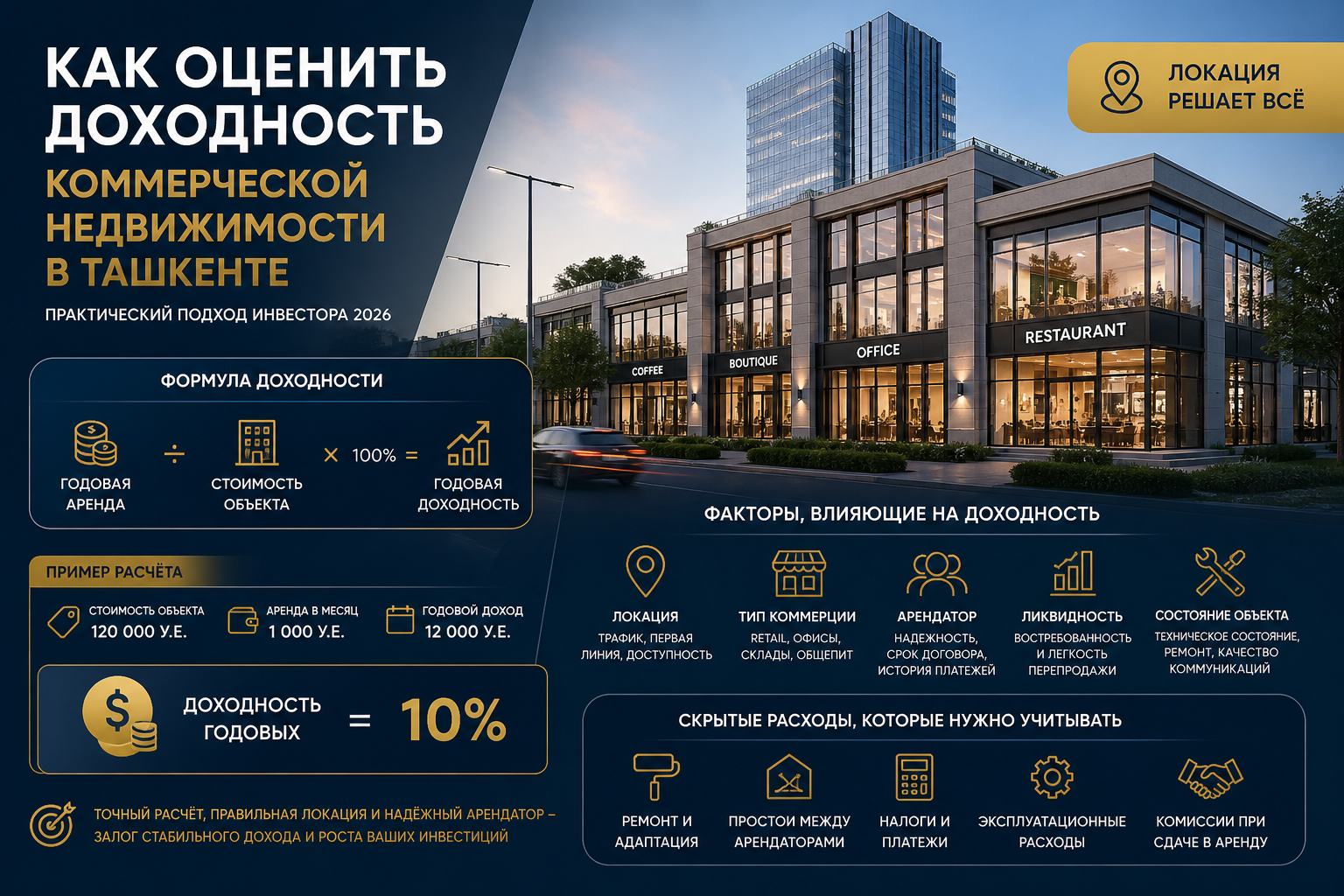 Toshkentda tijorat ko‘chmas mulkining daromadliligini qanday baholash: investorning amaliy yondashuvi 2026