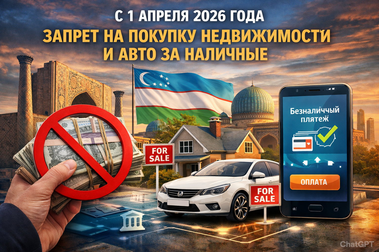 С 1 апреля 2026 года в Узбекистане запрещают покупку недвижимости и авто за наличные